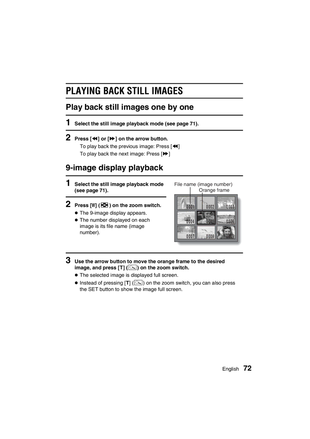 Sanyo VPC-J1EX instruction manual Playing Back Still Images, Play back still images one by one, Image display playback 