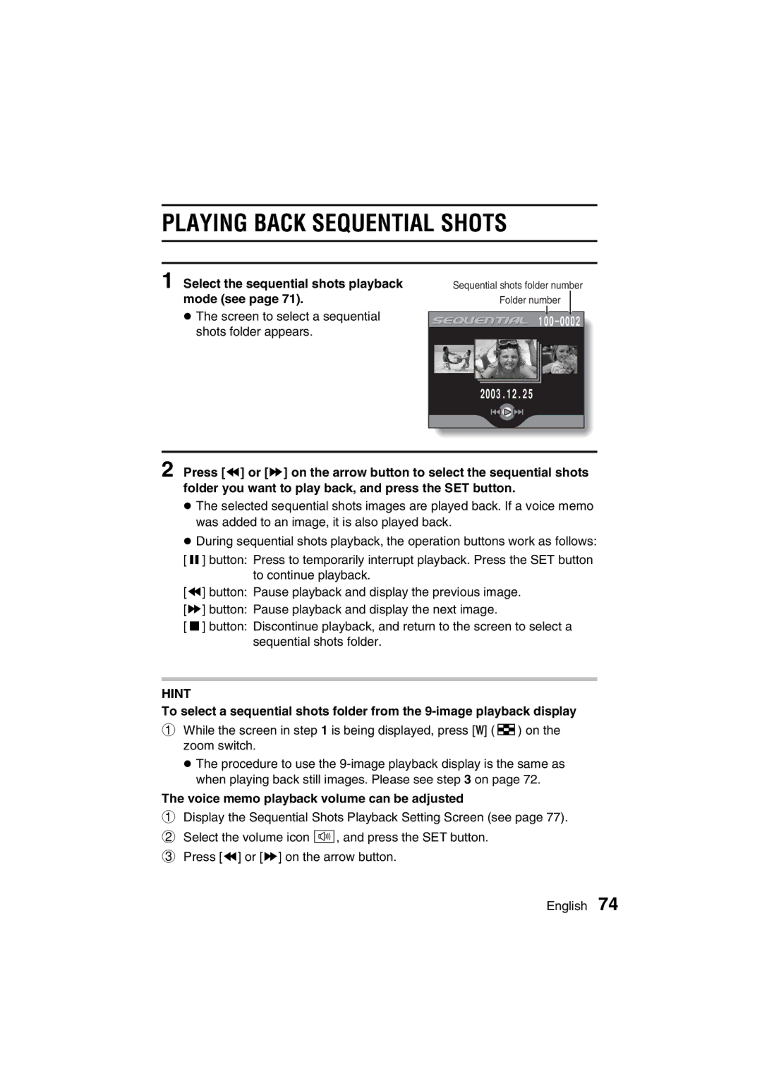 Sanyo VPC-J1EX instruction manual Playing Back Sequential Shots, Select the sequential shots playback mode see 
