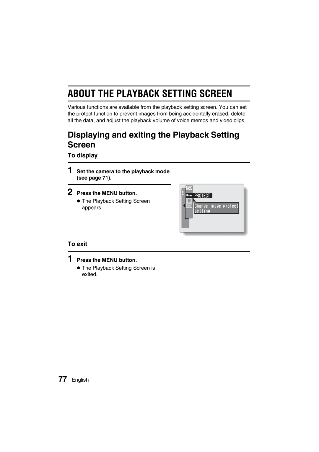 Sanyo VPC-J1EX About the Playback Setting Screen, Displaying and exiting the Playback Setting Screen, To display, To exit 