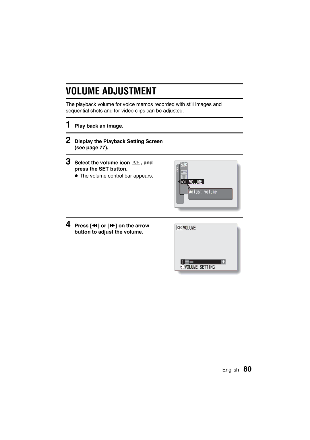 Sanyo VPC-J1EX instruction manual Volume Adjustment, Press Â or Ã on the arrow button to adjust the volume 