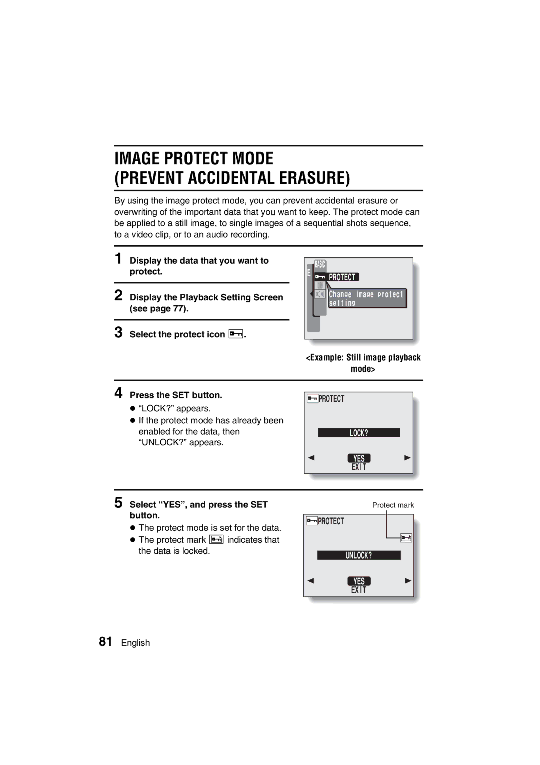 Sanyo VPC-J1EX Image Protect Mode Prevent Accidental Erasure, Example Still image playback Mode Press the SET button 