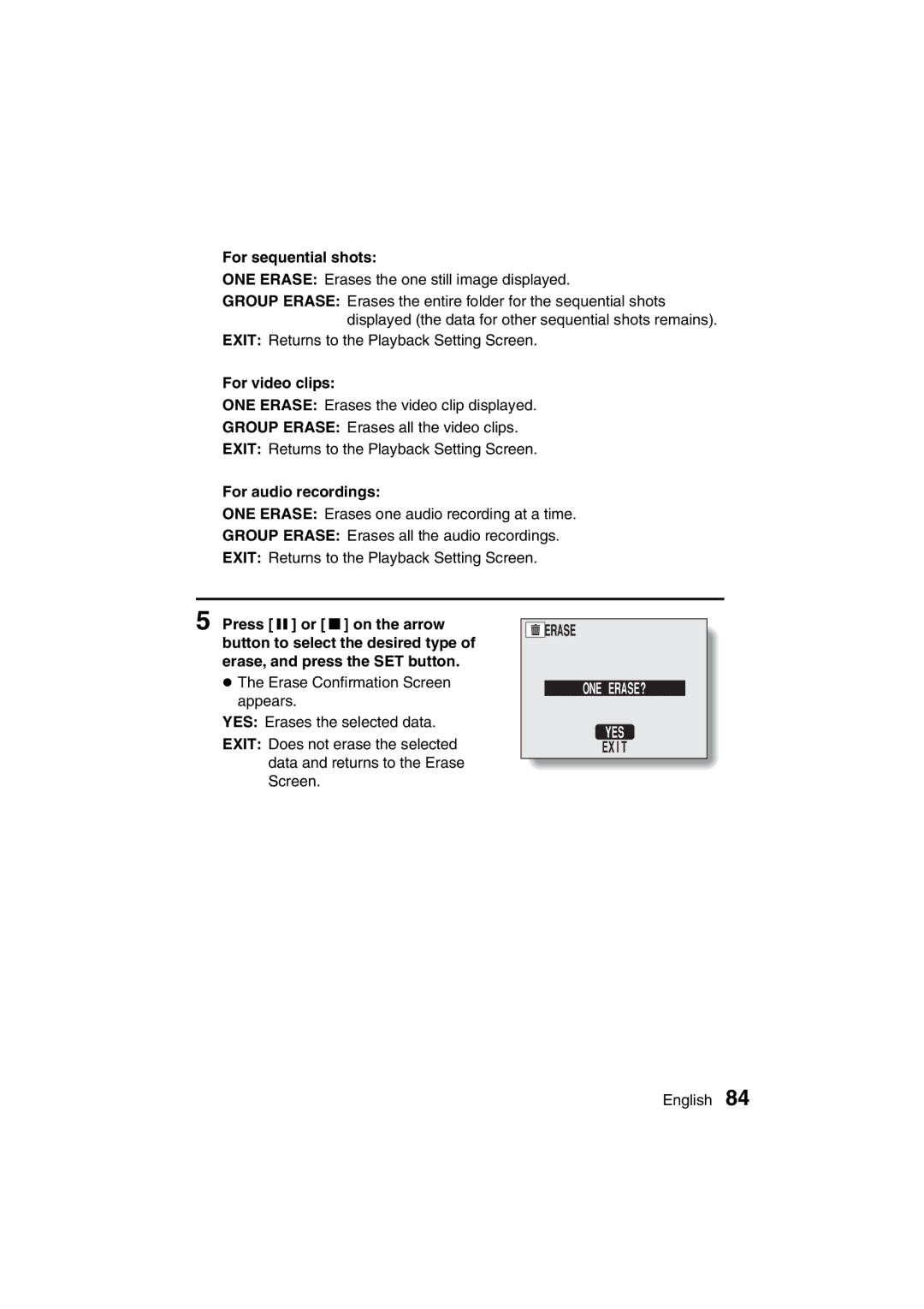 Sanyo VPC-J1EX instruction manual For sequential shots, For video clips, For audio recordings, One Erase? Yes 