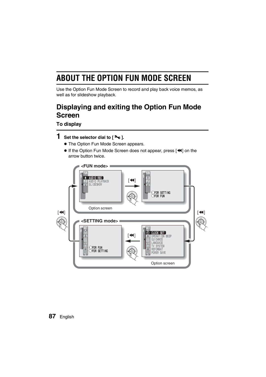 Sanyo VPC-J1EX About the Option FUN Mode Screen, Displaying and exiting the Option Fun Mode Screen, Setting mode 