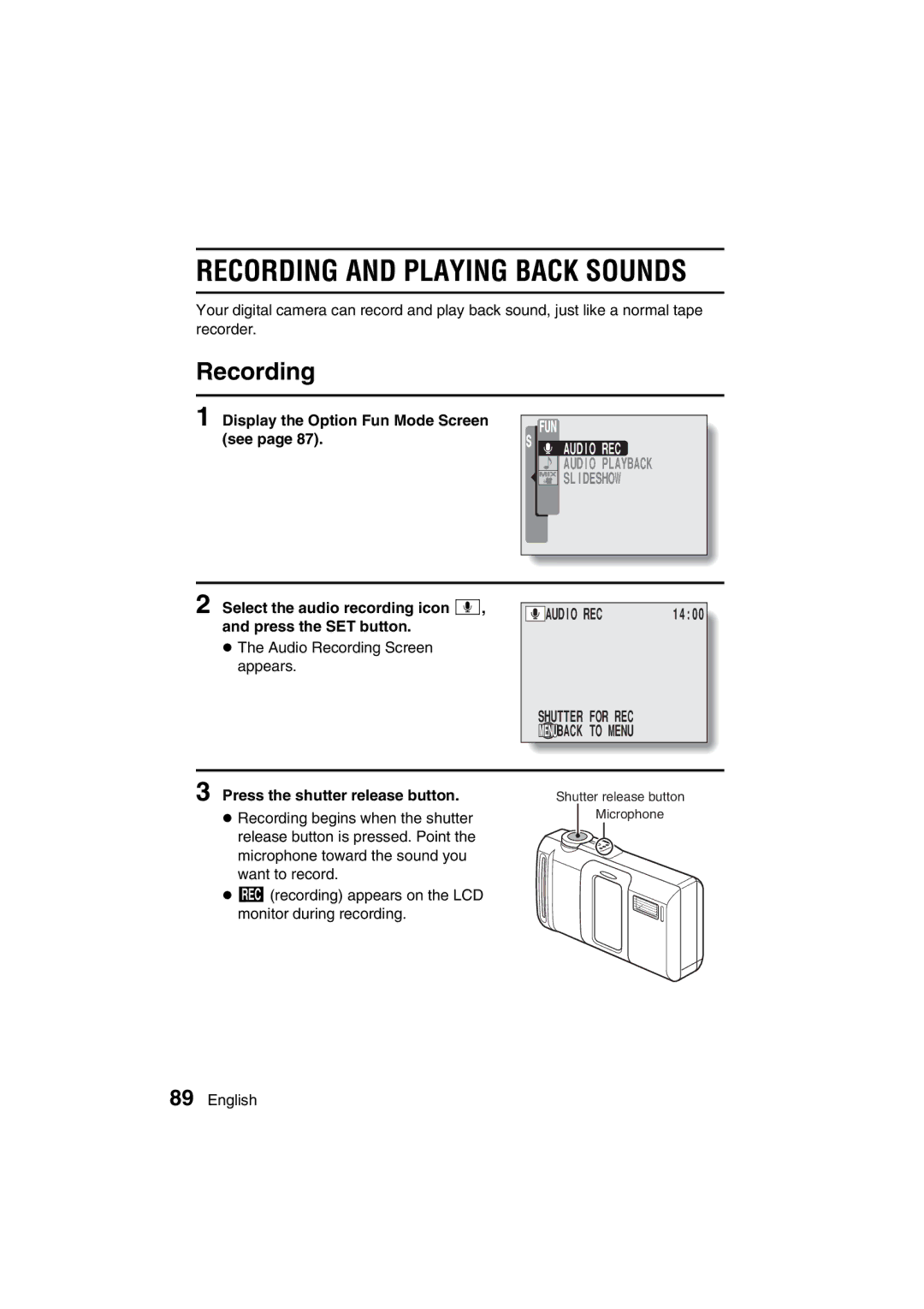 Sanyo VPC-J1EX instruction manual Recording and Playing Back Sounds, Display the Option Fun Mode Screen see, Audio REC 