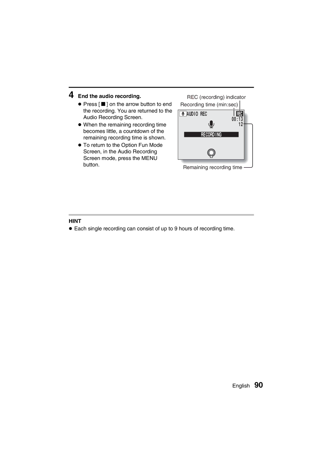 Sanyo VPC-J1EX instruction manual Recording, End the audio recording 