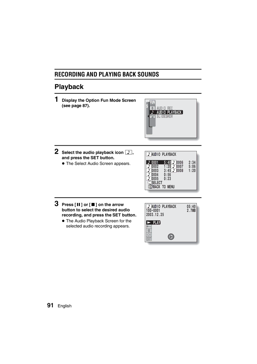 Sanyo VPC-J1EX Playback, Recording and Playing Back Sounds, Select the audio playback icon M, and press the SET button 