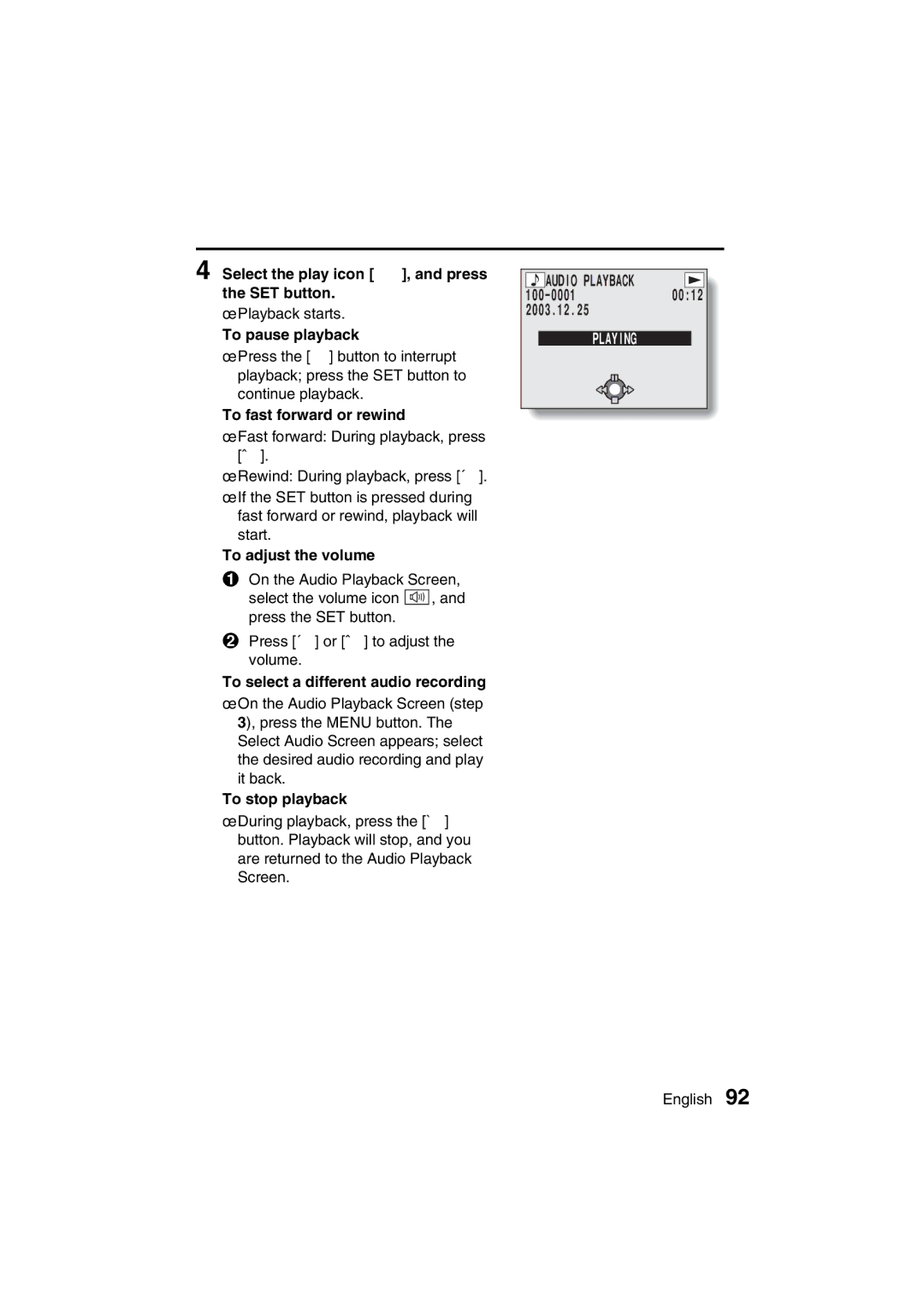 Sanyo VPC-J1EX Select the play icon Ø, and press the SET button, To fast forward or rewind, To stop playback 