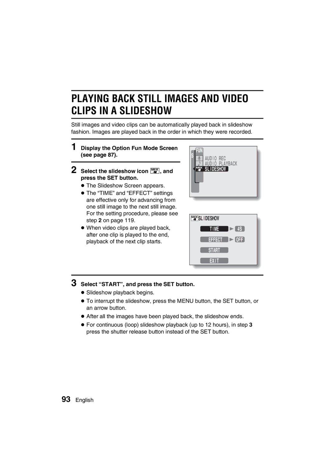 Sanyo VPC-J1EX instruction manual Playing Back Still Images and Video Clips in a Slideshow, Start Exit 