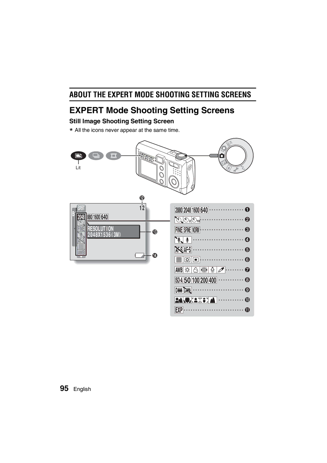 Sanyo VPC-J1EX instruction manual Expert Mode Shooting Setting Screens, Resolution 