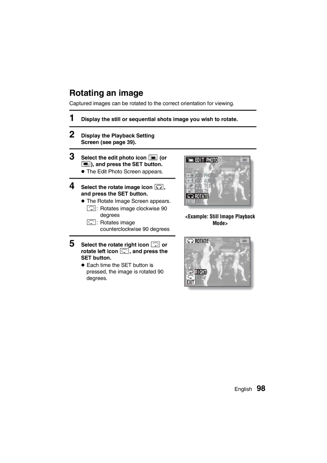 Sanyo VPC-MZ3EX, VPC-MZ3GX Rotating an image, Select the rotate image icon Ç, and press the SET button, Rotate 