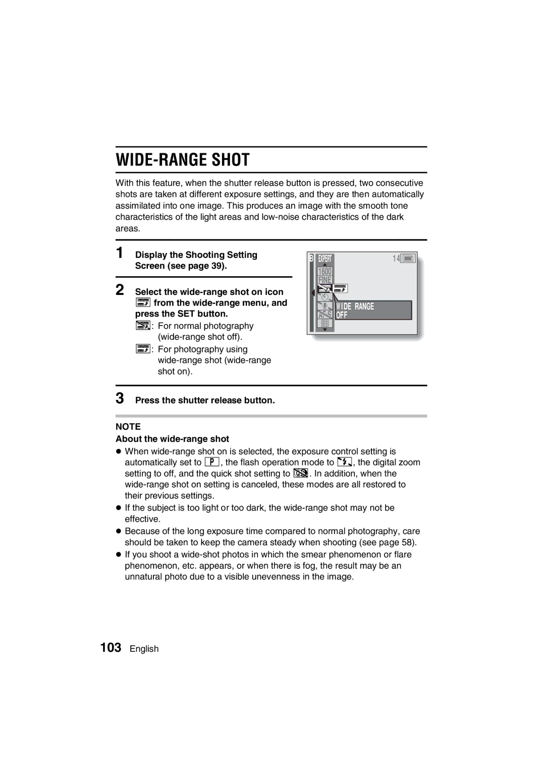 Sanyo VPC-MZ3GX, VPC-MZ3EX instruction manual WIDE-RANGE Shot, Press the shutter release button About the wide-range shot 
