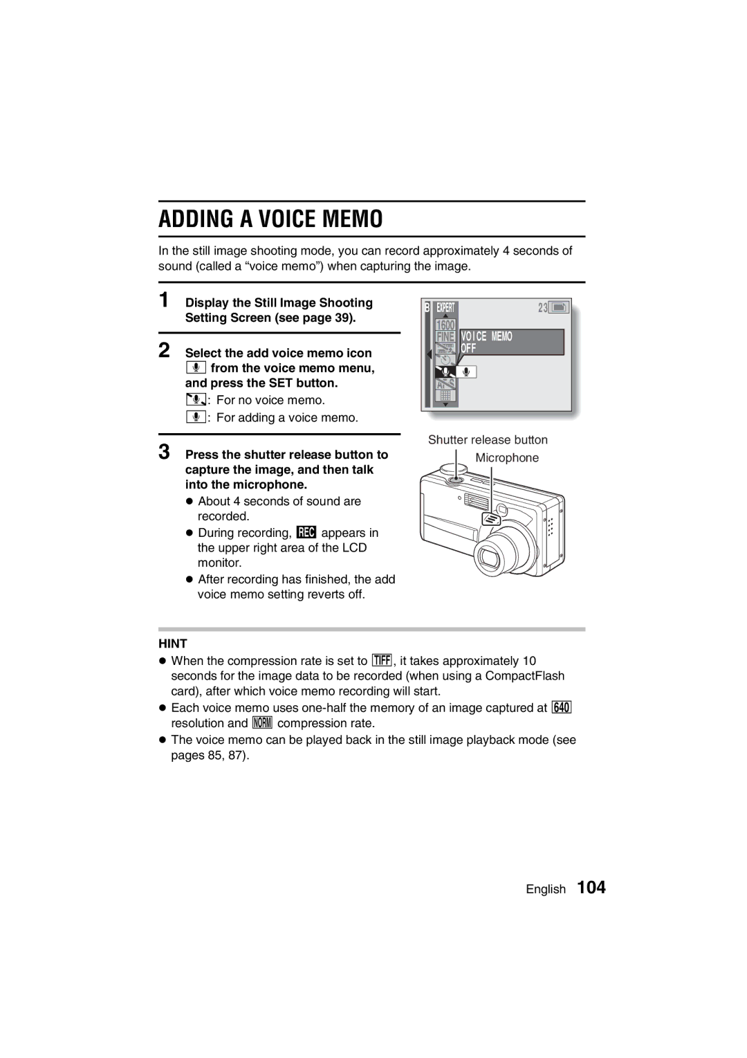 Sanyo VPC-MZ3EX, VPC-MZ3GX instruction manual Adding a Voice Memo, Off 