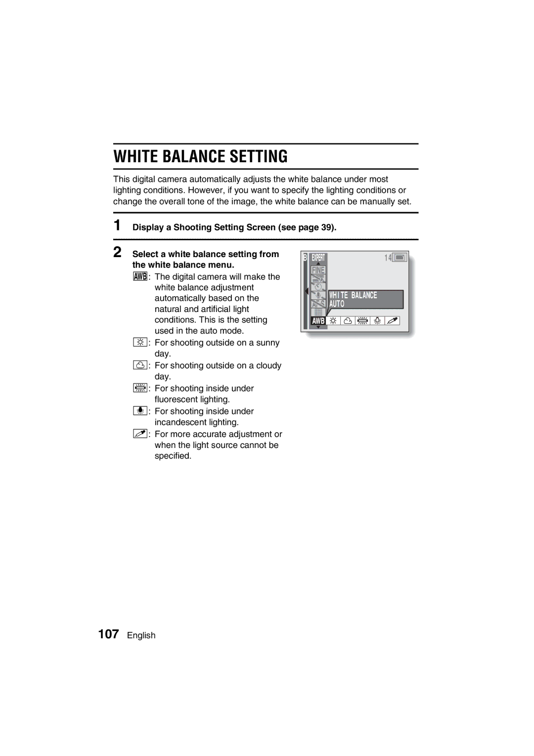 Sanyo VPC-MZ3EX, VPC-MZ3GX instruction manual White Balance Setting, Auto 