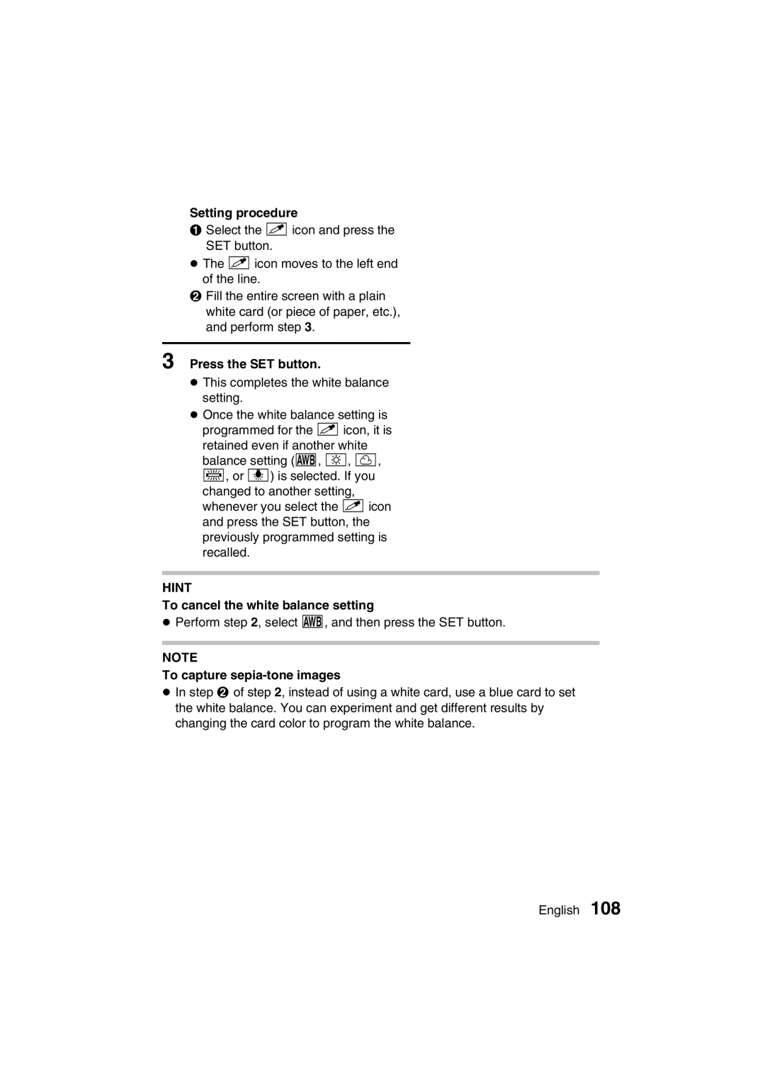 Sanyo VPC-MZ3EX, VPC-MZ3GX Setting procedure, To cancel the white balance setting, To capture sepia-tone images 