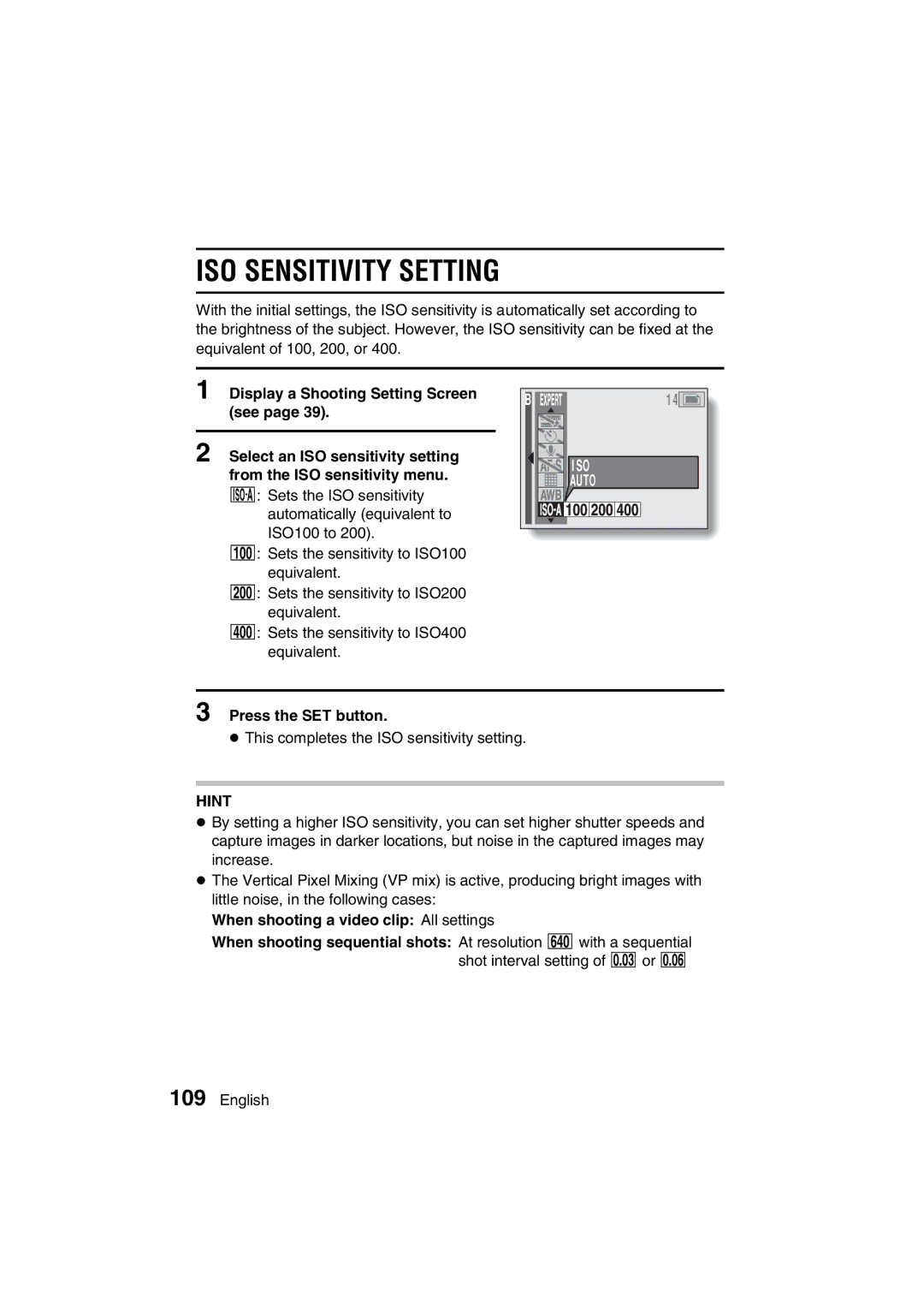 Sanyo VPC-MZ3GX, VPC-MZ3EX instruction manual ISO Sensitivity Setting 