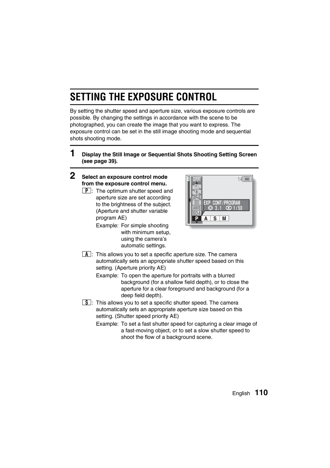 Sanyo VPC-MZ3EX, VPC-MZ3GX instruction manual Setting the Exposure Control 