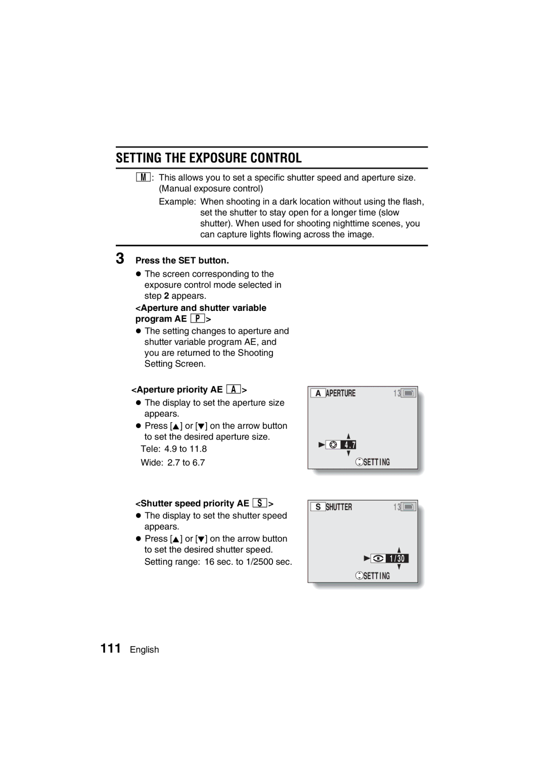 Sanyo VPC-MZ3EX Setting the Exposure Control, Aperture and shutter variable program AE Ï, Aperture priority AE Î 