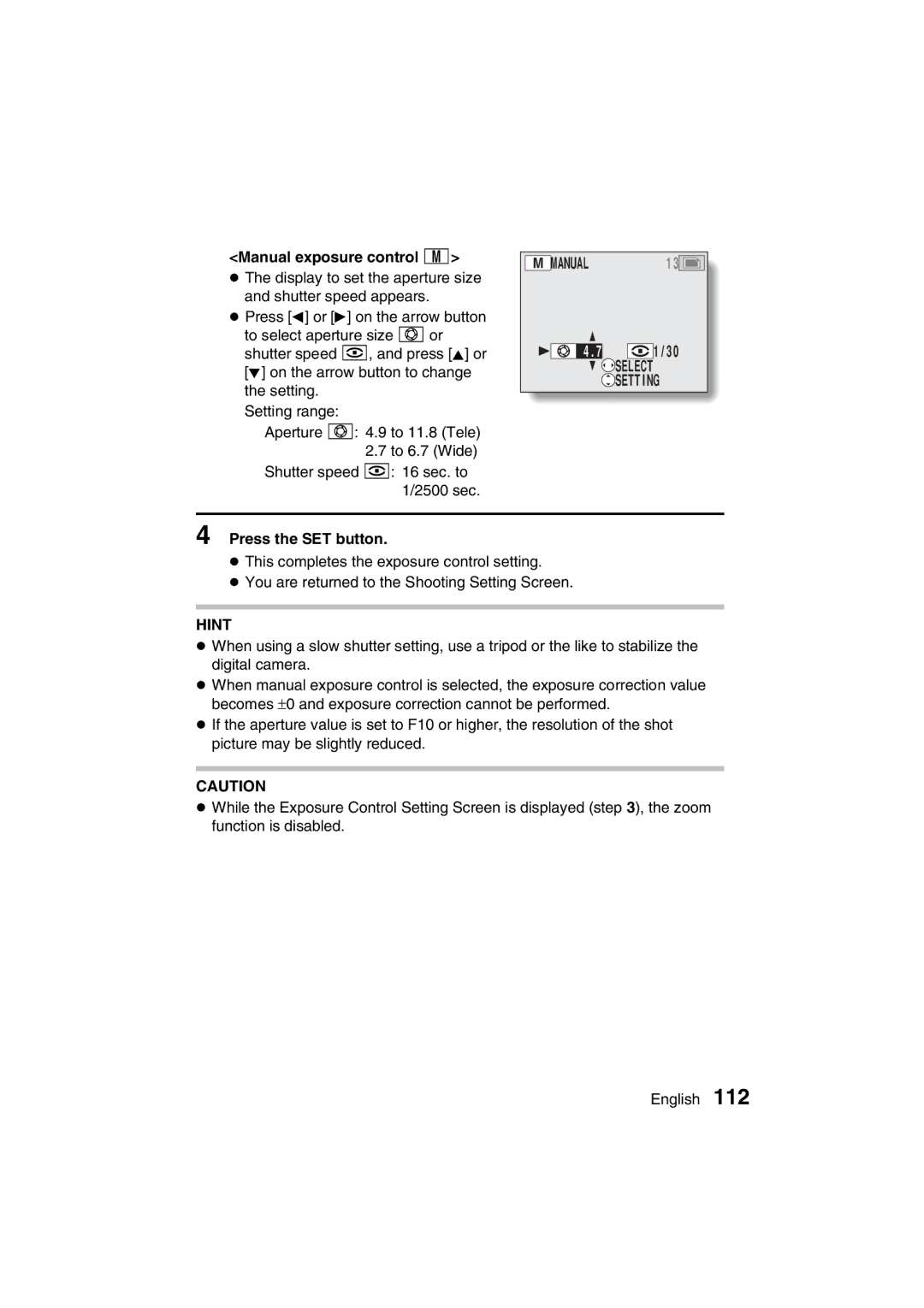 Sanyo VPC-MZ3GX, VPC-MZ3EX instruction manual Select, Manual exposure control Í 