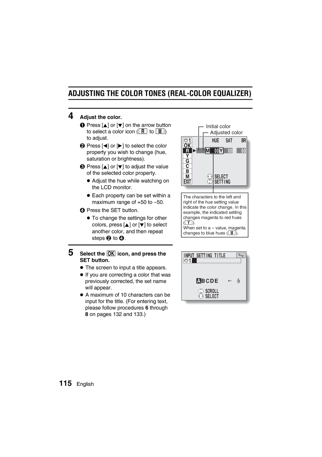 Sanyo VPC-MZ3GX, VPC-MZ3EX Adjust the color, Select the ùicon, and press SET button, Initial color Adjusted color 