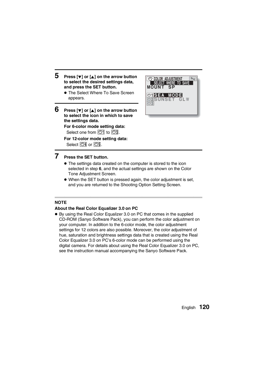 Sanyo VPC-MZ3EX, VPC-MZ3GX For 12-color mode setting data, Select Where to Save Mount SP SEA Mode Sunset GLW 