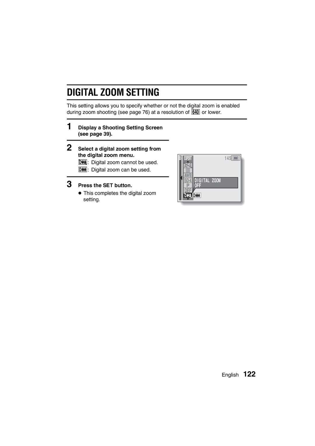 Sanyo VPC-MZ3EX, VPC-MZ3GX instruction manual Digital Zoom Setting, Off 