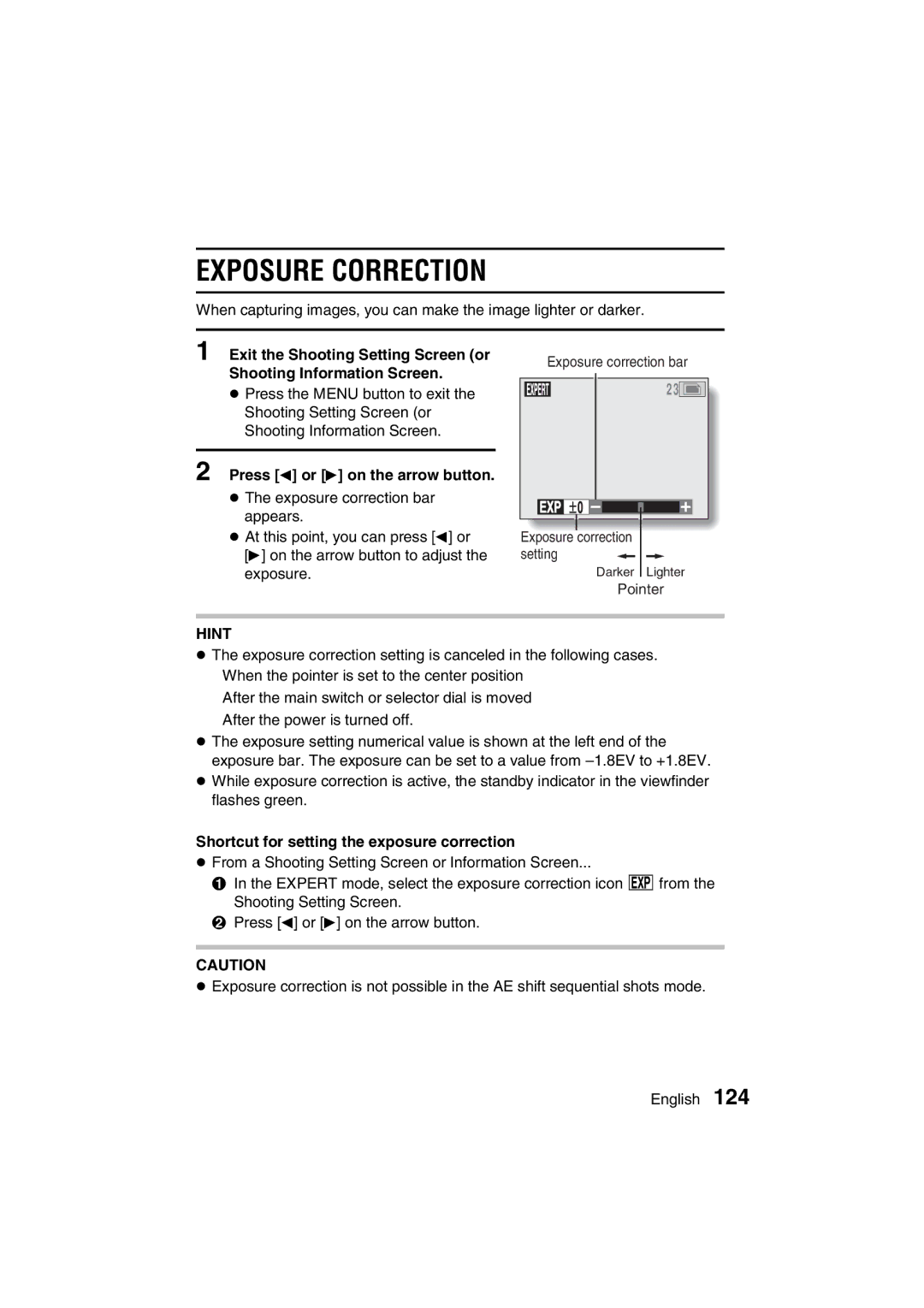 Sanyo VPC-MZ3GX, VPC-MZ3EX instruction manual Exposure Correction, Shortcut for setting the exposure correction 