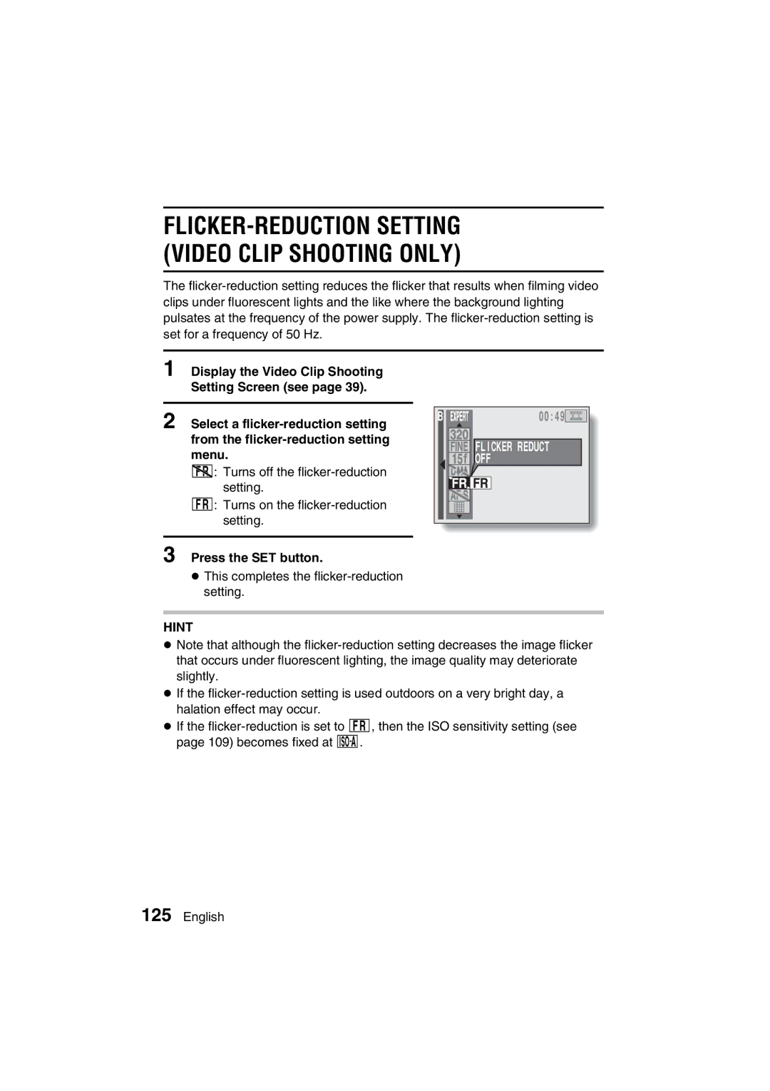 Sanyo VPC-MZ3EX, VPC-MZ3GX instruction manual FLICKER-REDUCTION Setting Video Clip Shooting only 