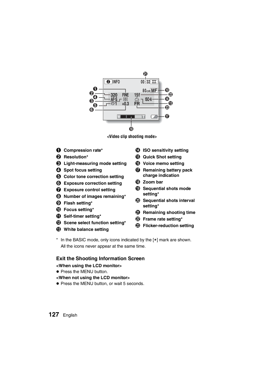 Sanyo VPC-MZ3GX Exit the Shooting Information Screen, When using the LCD monitor, When not using the LCD monitor 