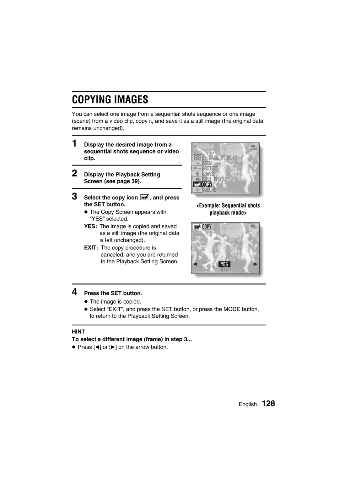 Sanyo VPC-MZ3 Copying Images, Example Sequential shots Playback mode Copy, To select a different image frame in step 