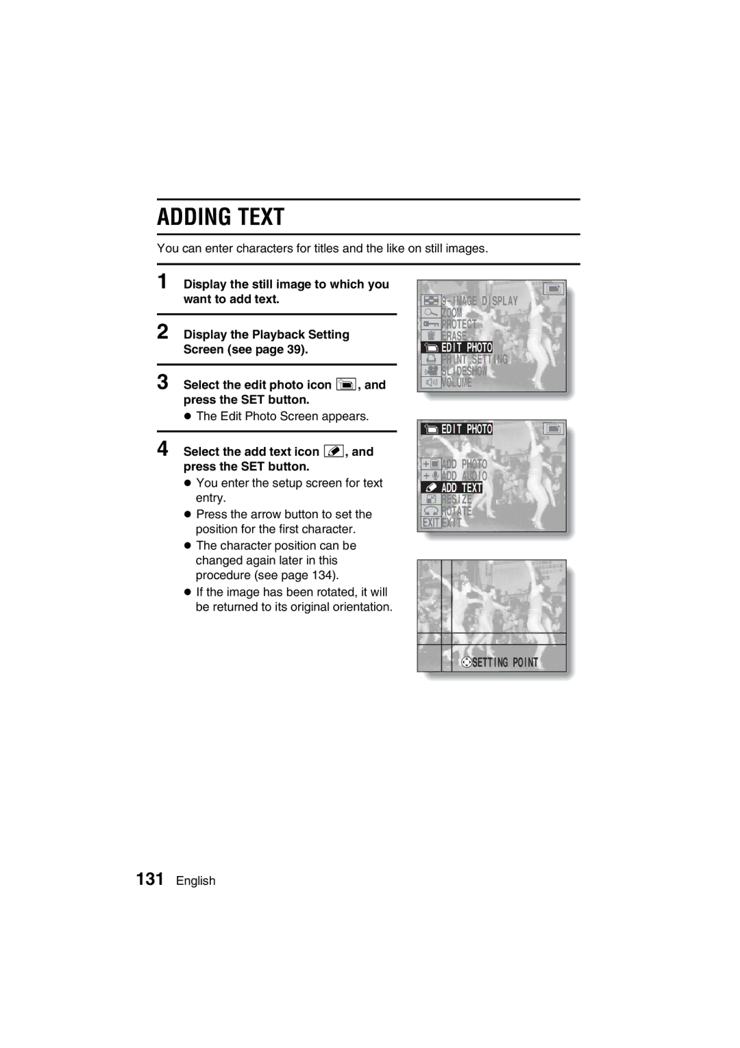 Sanyo VPC-MZ3EX, VPC-MZ3GX instruction manual Adding Text, Select the add text icon 2, and press the SET button 