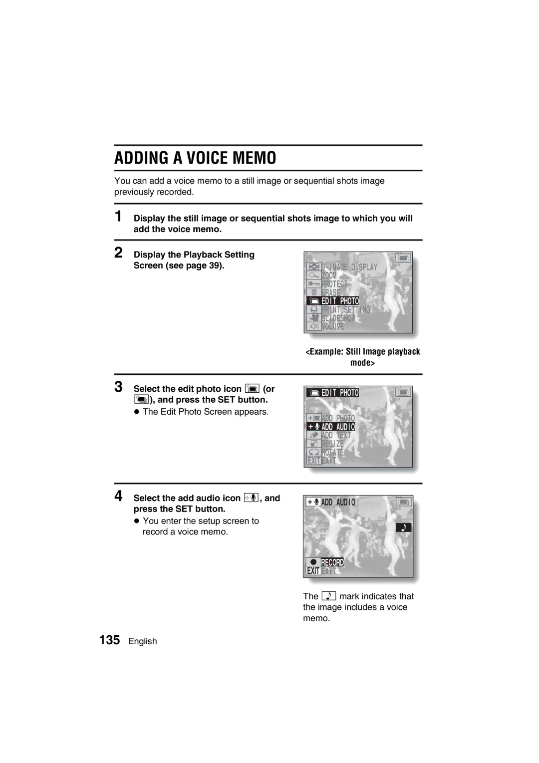 Sanyo VPC-MZ3EX, VPC-MZ3GX instruction manual Exit, Select the add audio icon p, and press the SET button 