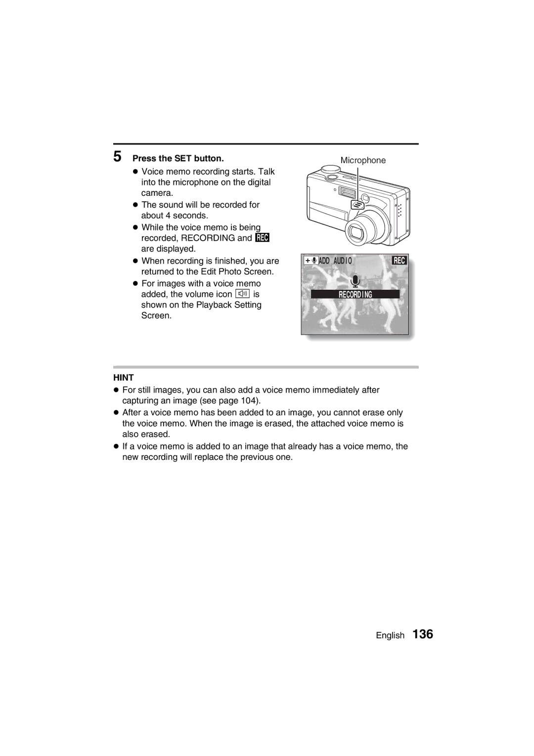 Sanyo VPC-MZ3GX, VPC-MZ3EX instruction manual Press the SET button, Recording 