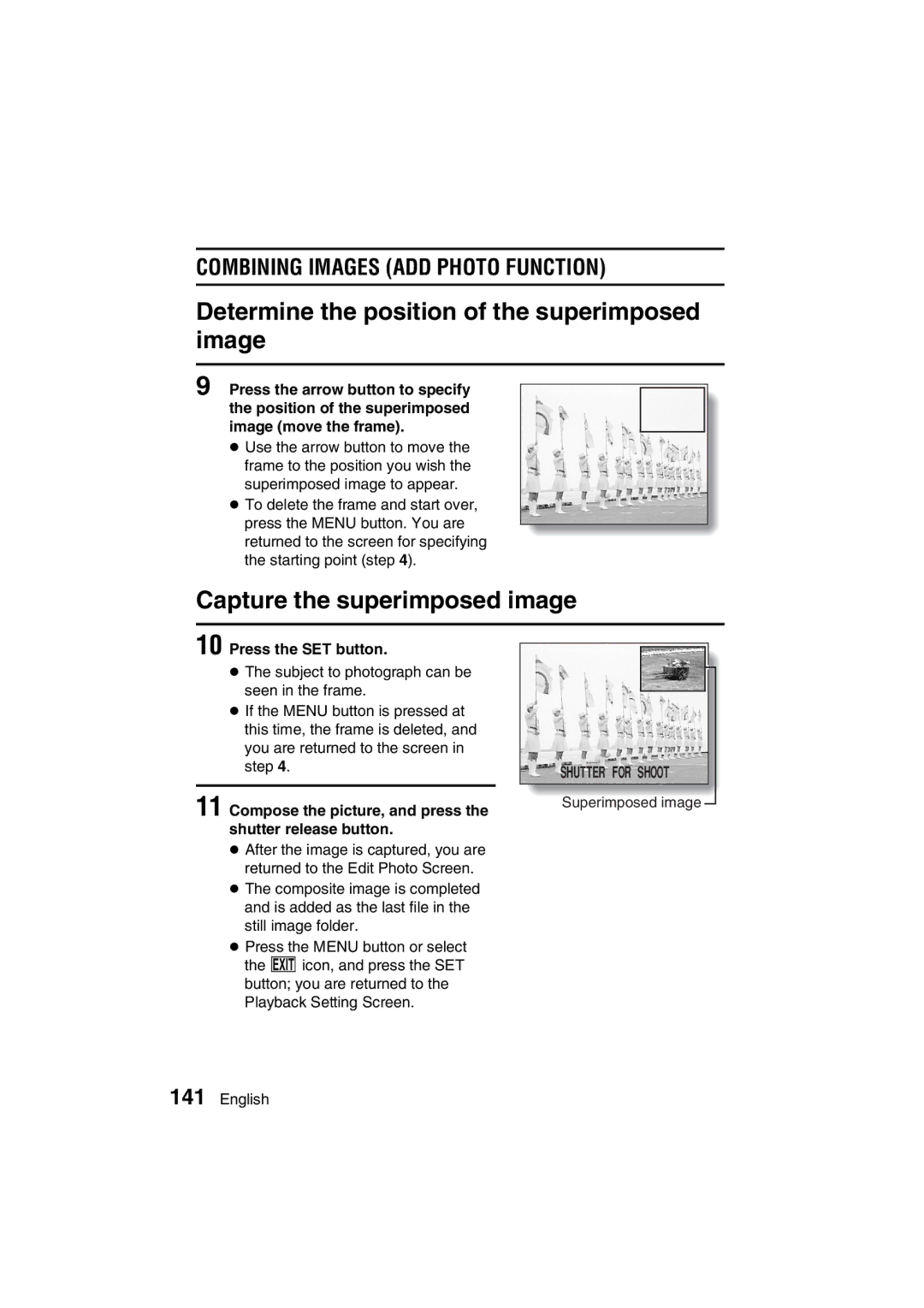 Sanyo VPC-MZ3EX, VPC-MZ3GX Determine the position of the superimposed image, Capture the superimposed image 