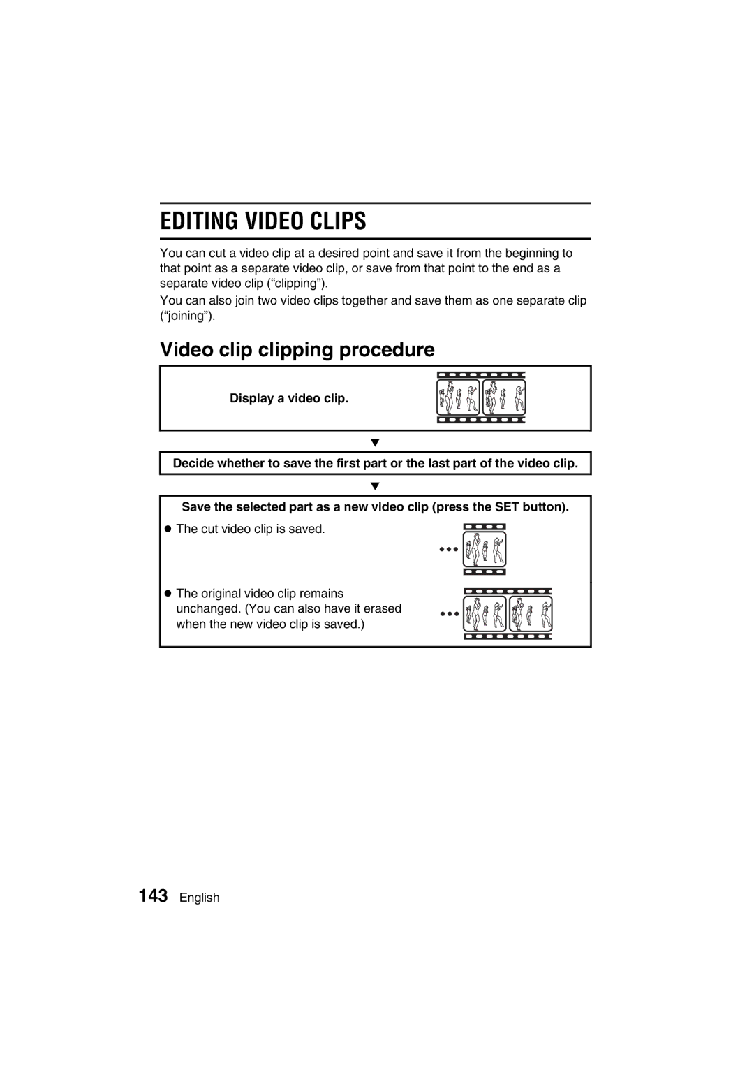 Sanyo VPC-MZ3EX, VPC-MZ3GX instruction manual Editing Video Clips, Video clip clipping procedure 