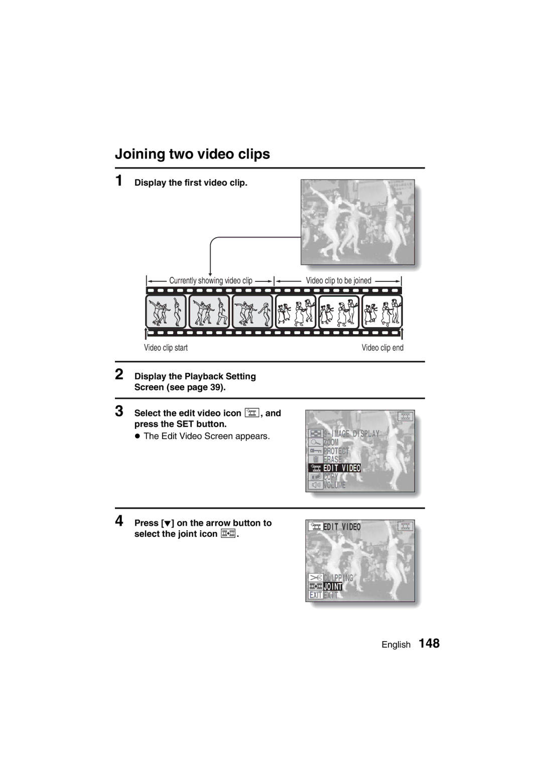 Sanyo VPC-MZ3GX, VPC-MZ3EX instruction manual Joining two video clips, Display the first video clip, Joint 