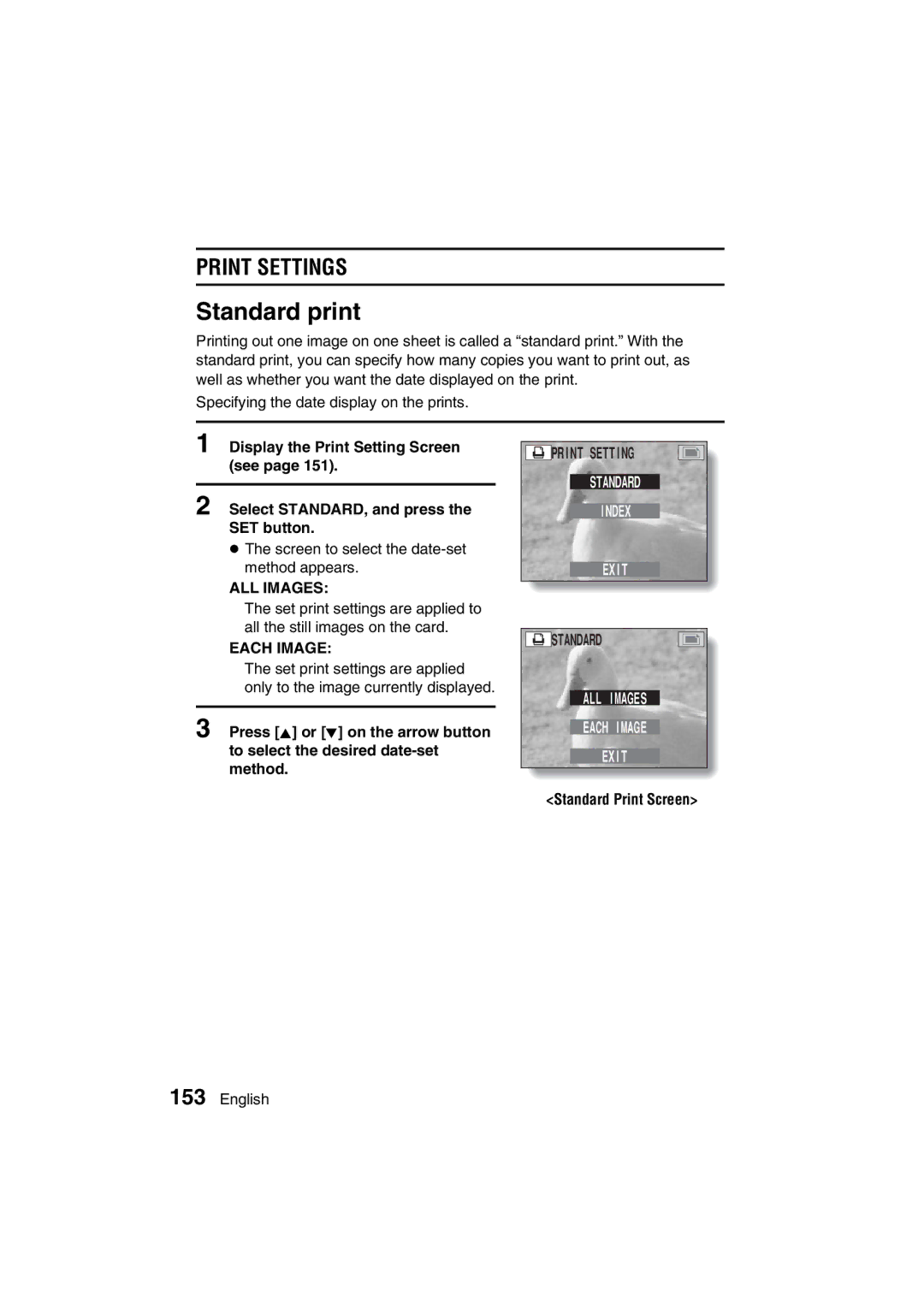 Sanyo VPC-MZ3EX, VPC-MZ3GX instruction manual Standard print, Print Settings 