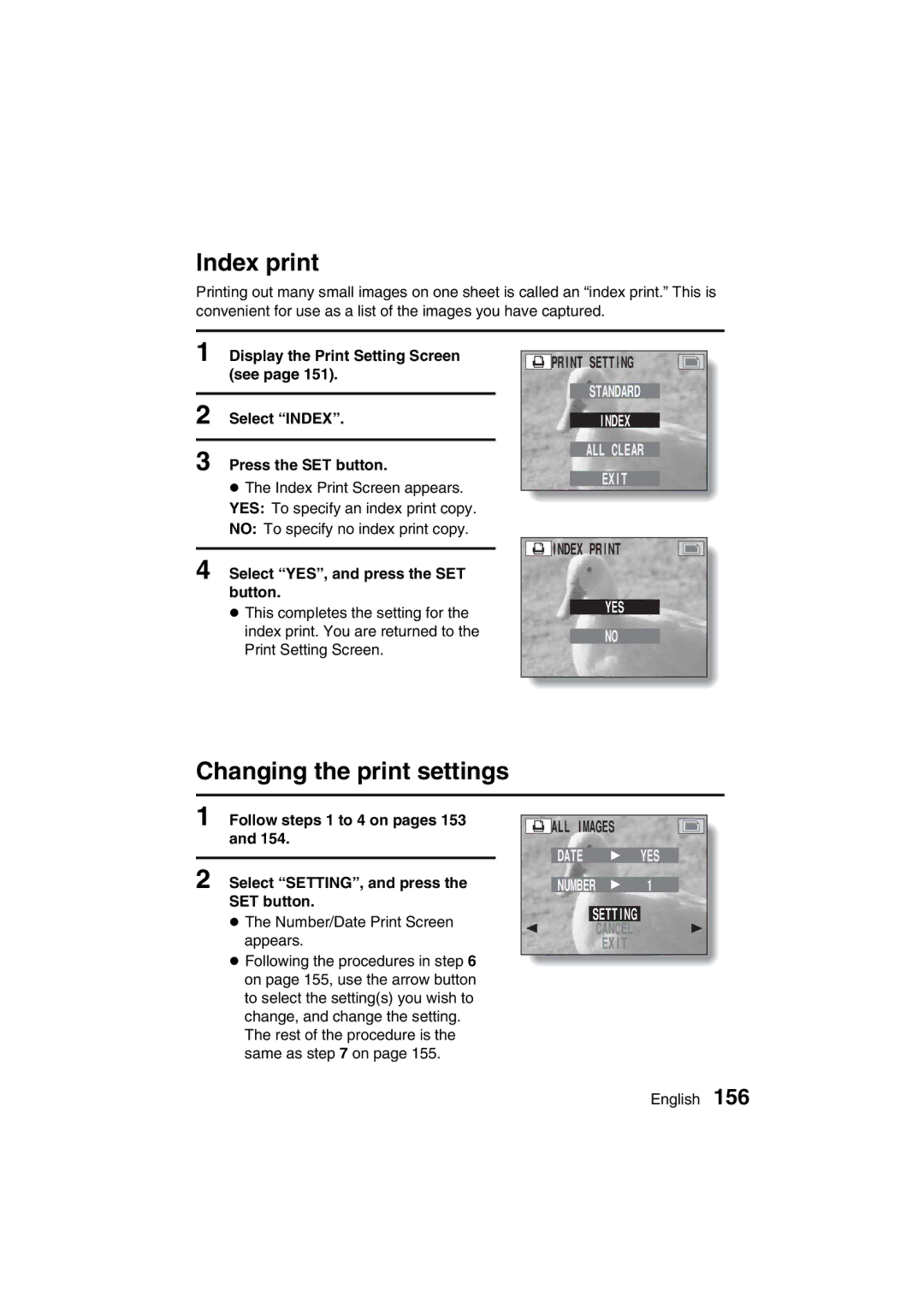 Sanyo VPC-MZ3EX, VPC-MZ3GX instruction manual Index print, Changing the print settings, ALL Images Date 