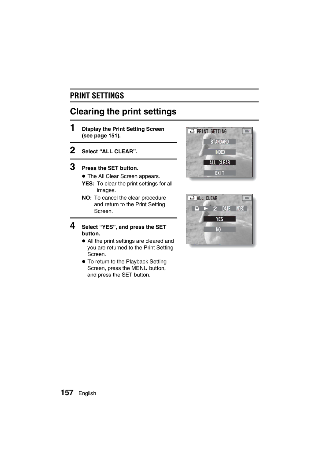 Sanyo VPC-MZ3GX, VPC-MZ3EX instruction manual Clearing the print settings 