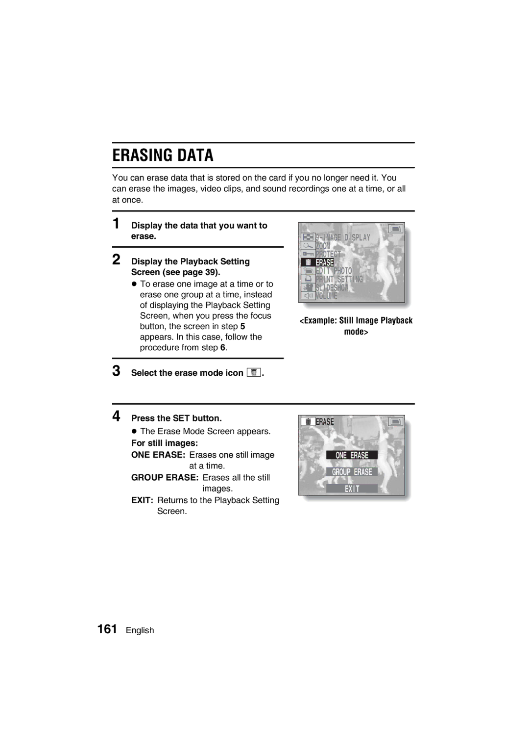 Sanyo VPC-MZ3 Erasing Data, Select the erase mode icon q, Erase, Example Still Image Playback Mode Press the SET button 