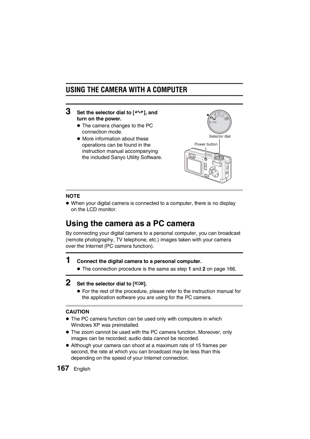 Sanyo VPC-MZ3EX Using the camera as a PC camera, Using the Camera with a Computer, Set the selector dial to â 