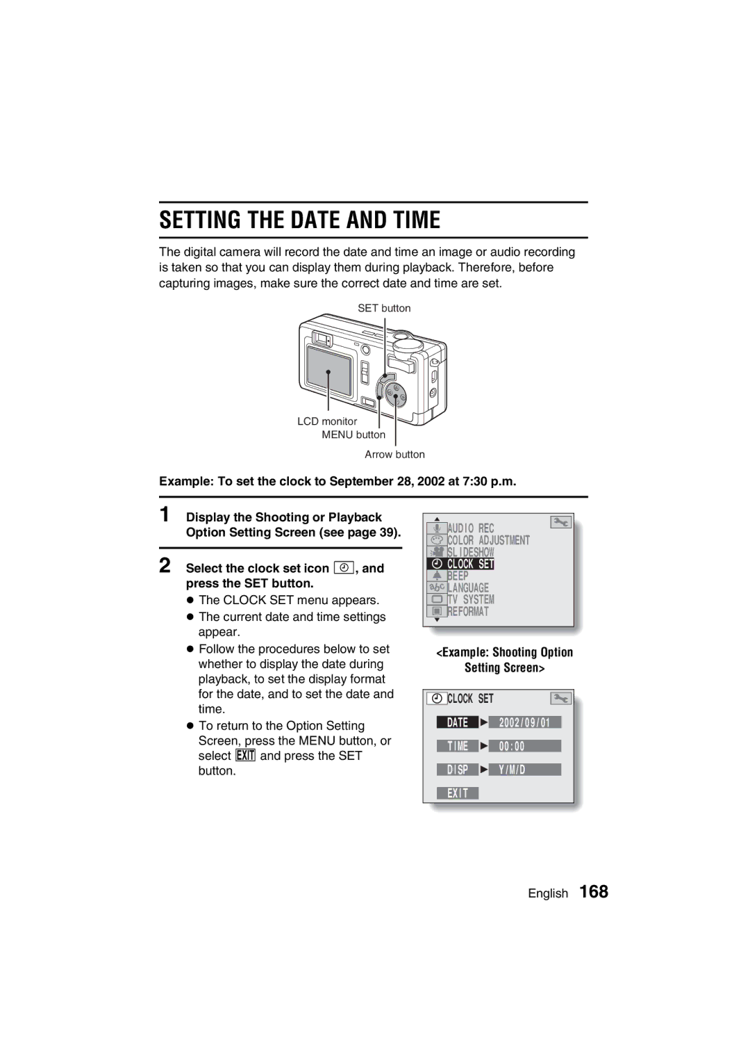 Sanyo VPC-MZ3EX, VPC-MZ3GX instruction manual Setting the Date and Time, Clock SET, Disp 