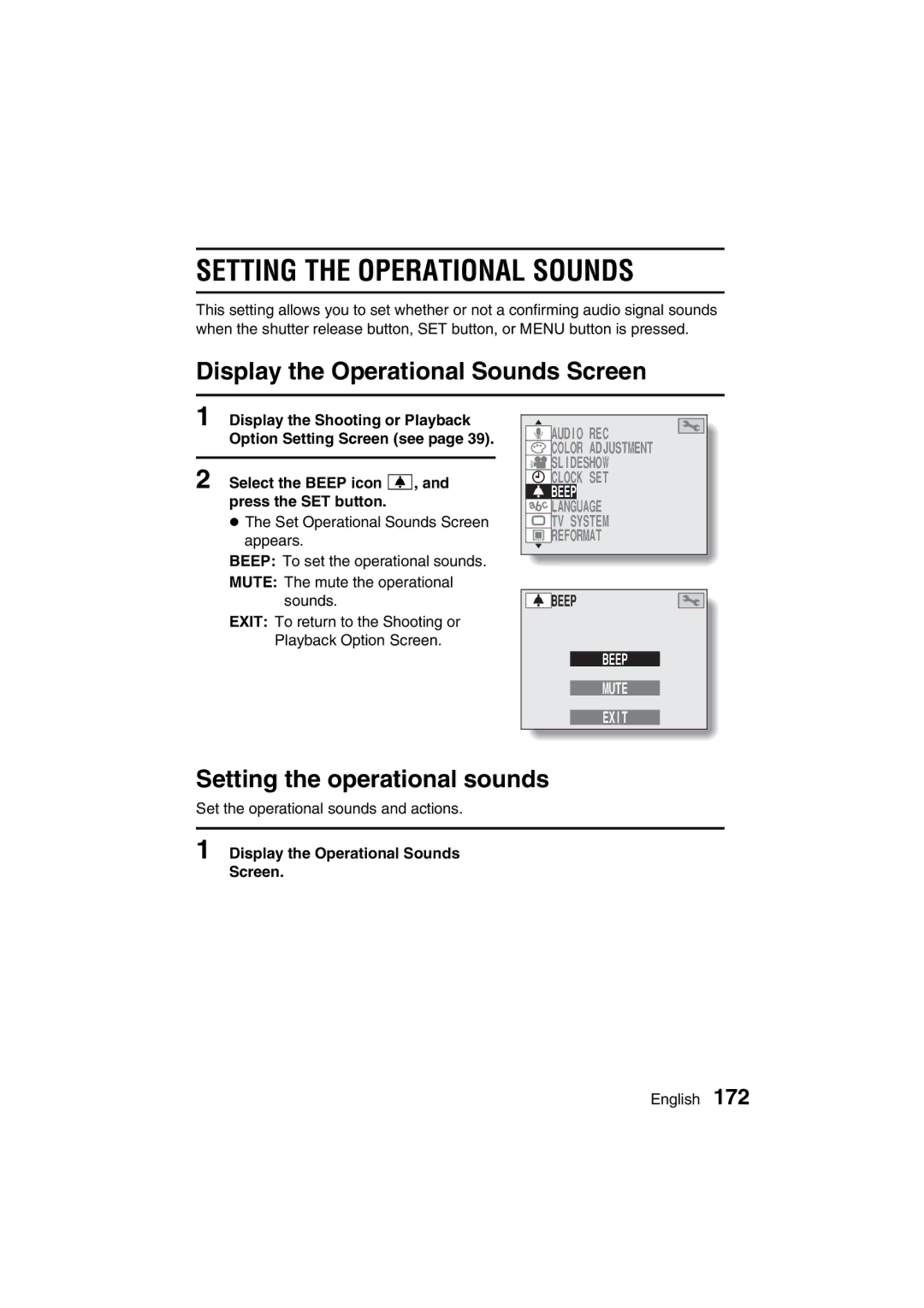 Sanyo VPC-MZ3GX Setting the Operational Sounds, Display the Operational Sounds Screen, Setting the operational sounds 