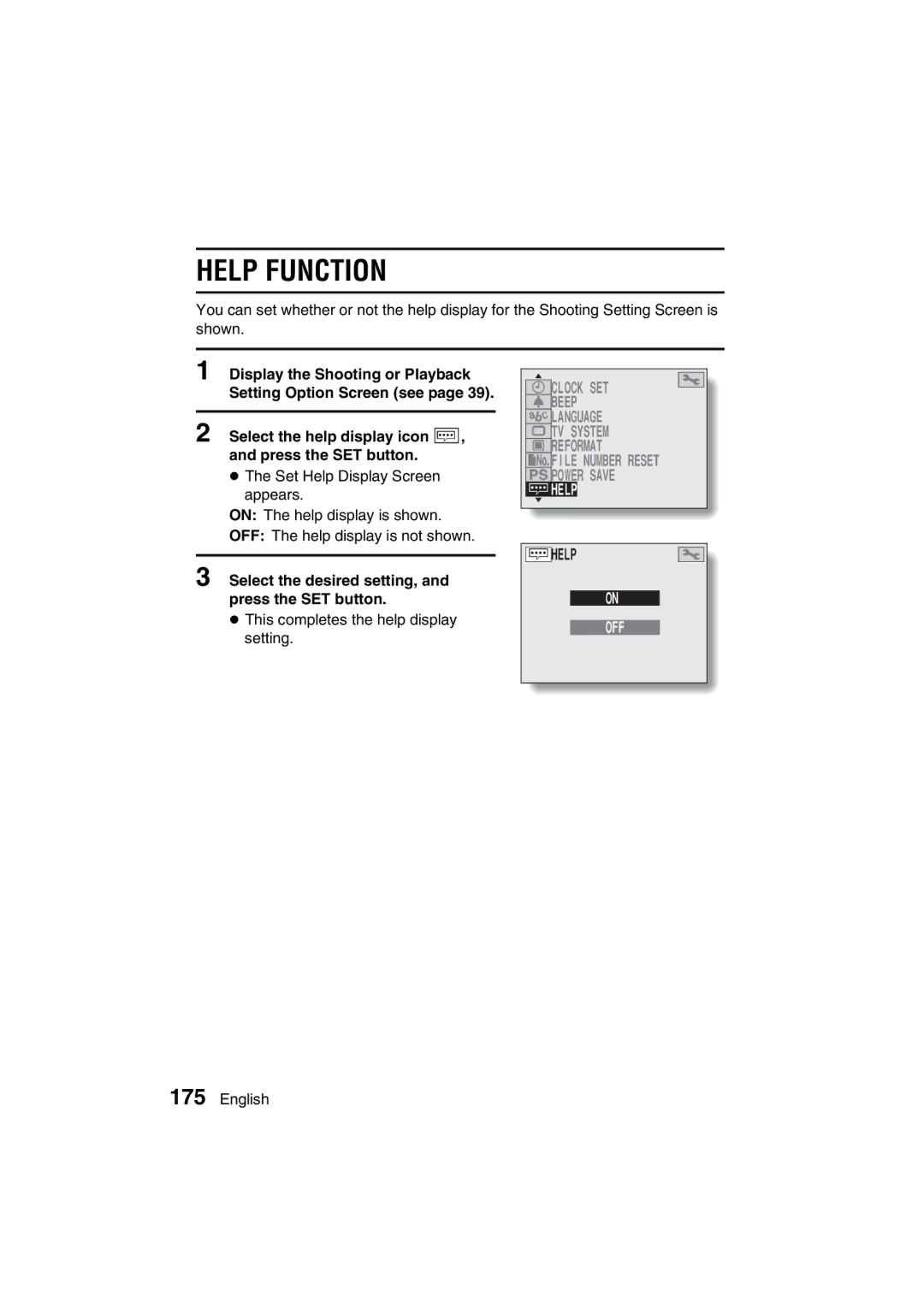 Sanyo VPC-MZ3GX, VPC-MZ3EX instruction manual Help Function, Select the help display icon ç, and press the SET button 