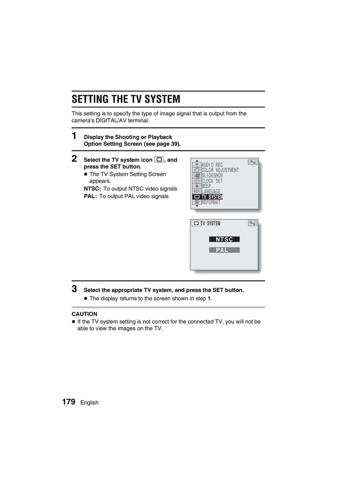 Sanyo VPC-MZ3EX, VPC-MZ3GX instruction manual Setting the TV System, Ntsc, Pal 