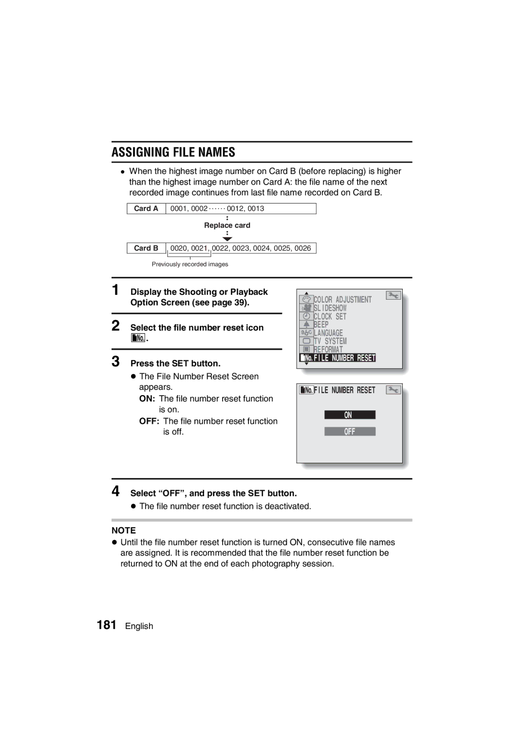 Sanyo VPC-MZ3GX, VPC-MZ3EX instruction manual Assigning File Names, Select OFF, and press the SET button 