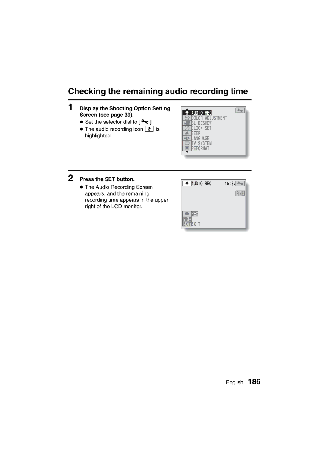 Sanyo VPC-MZ3EX, VPC-MZ3GX Checking the remaining audio recording time, Display the Shooting Option Setting Screen see 