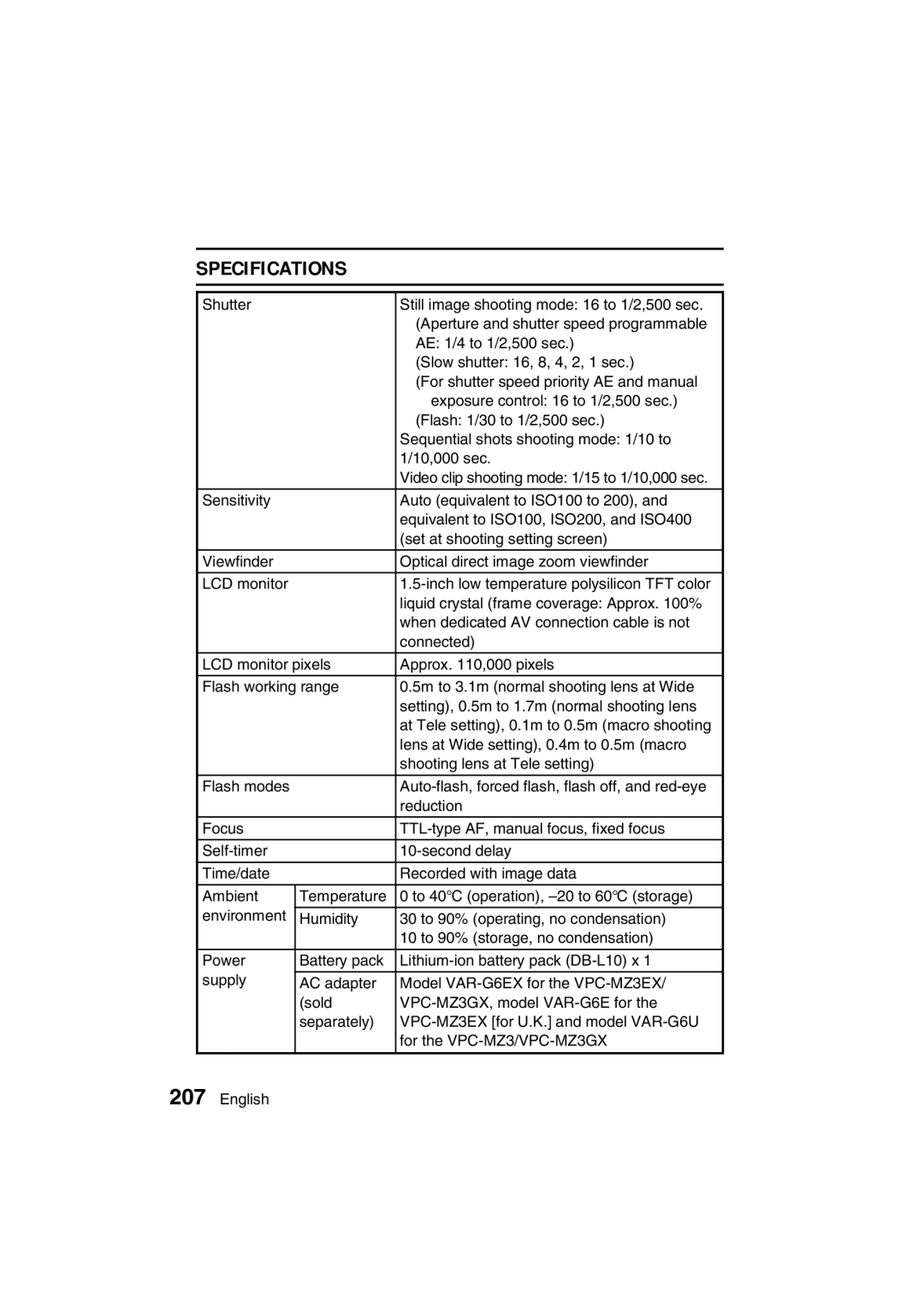 Sanyo VPC-MZ3EX, VPC-MZ3GX instruction manual Specifications 