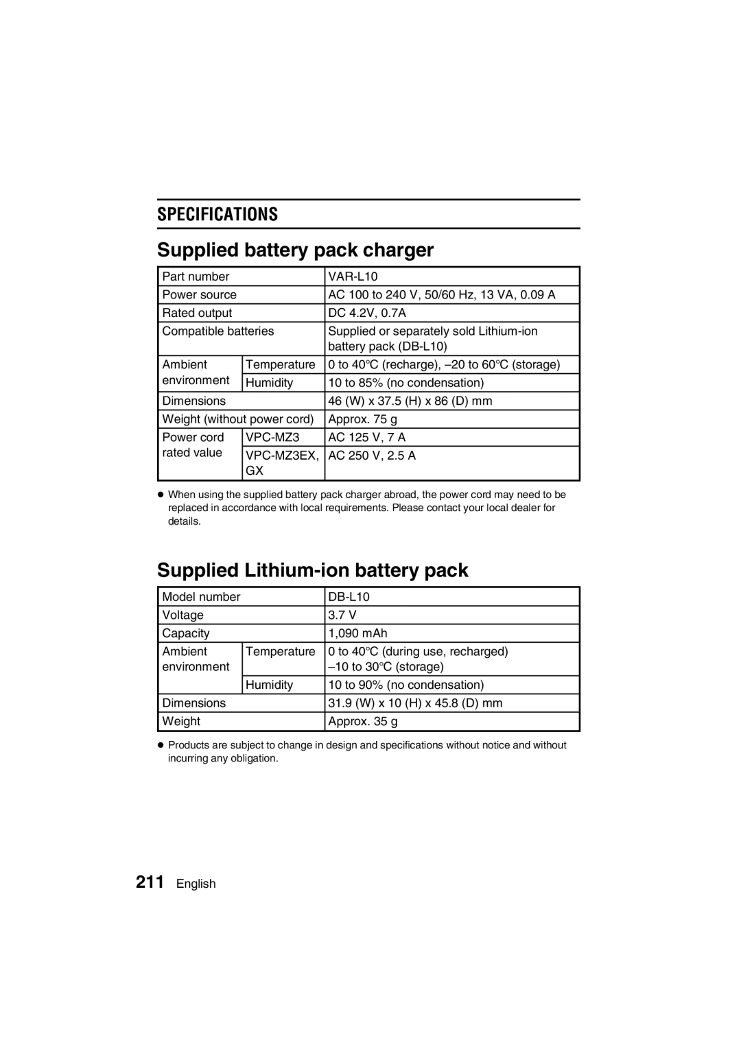 Sanyo VPC-MZ3GX, VPC-MZ3EX instruction manual Supplied battery pack charger, Supplied Lithium-ion battery pack 