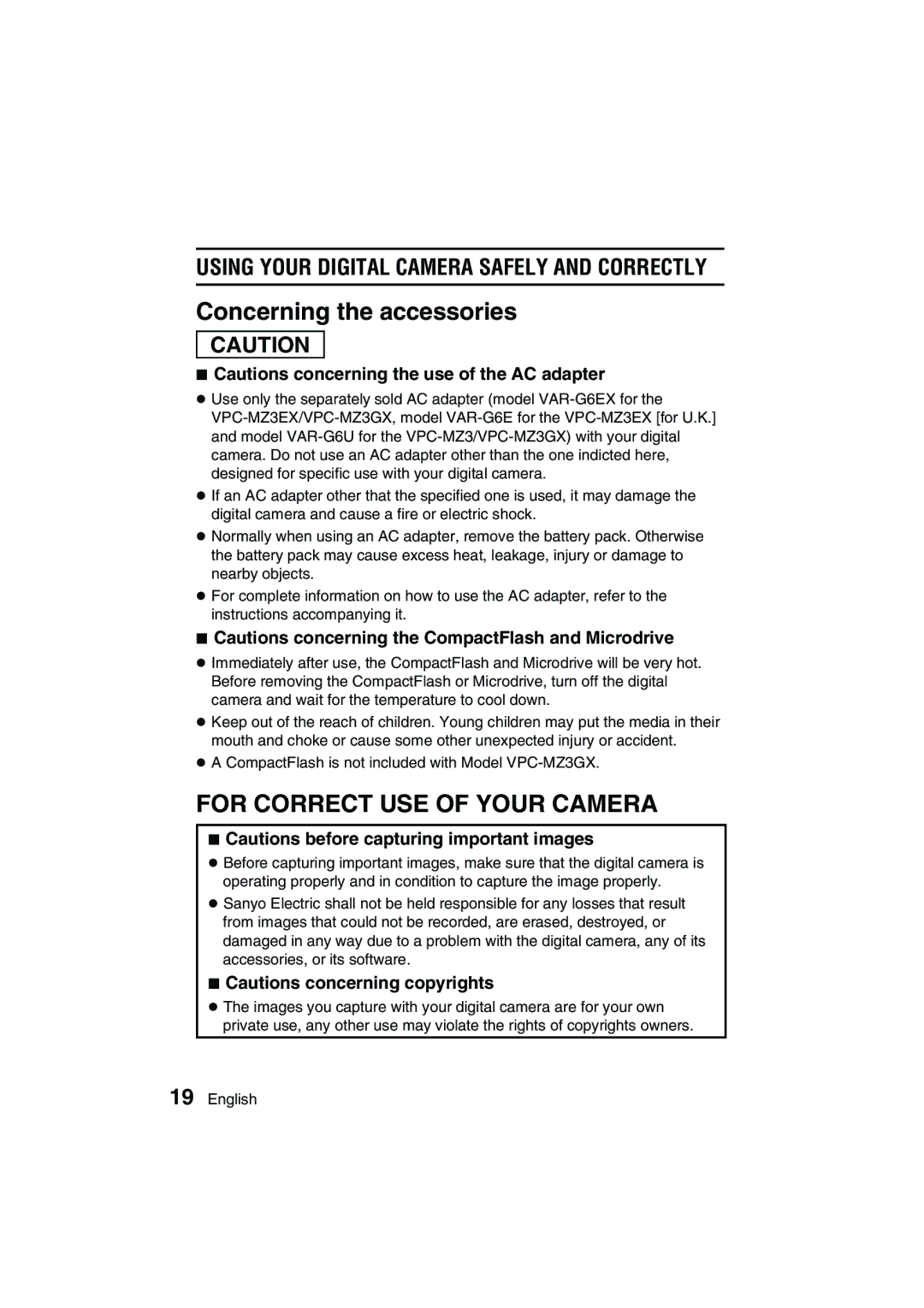 Sanyo VPC-MZ3GX, VPC-MZ3EX instruction manual Concerning the accessories, For Correct USE of Your Camera 