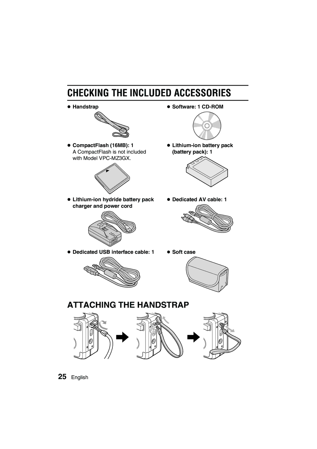 Sanyo VPC-MZ3GX, VPC-MZ3EX instruction manual Checking the Included Accessories, Handstrap, CompactFlash 16MB 